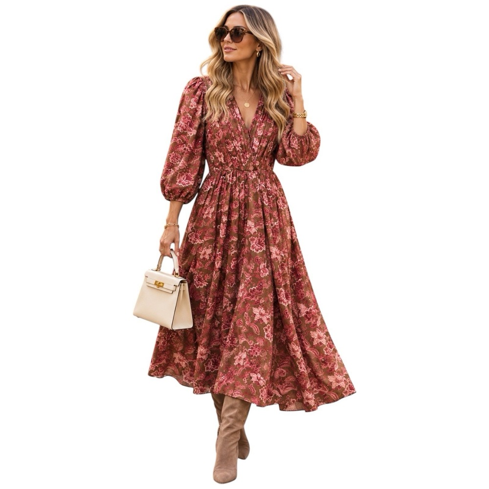 MASON'S DAUGHTER Julie Dress Meadow Floral Linen Cotton Wrap Midi S